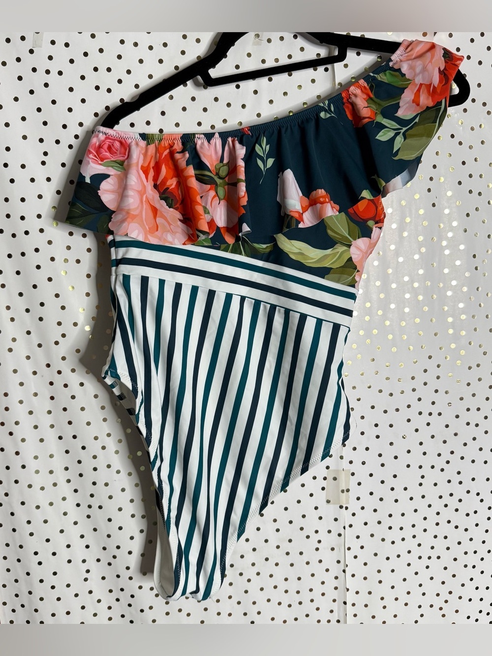 Cupshe Floral One-Shoulder Stripe Women's Top - Teal & Pink